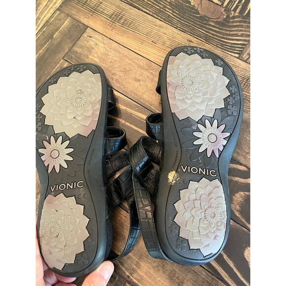 Vionic Sandals Women 8 Black Leather Orthotic Comfort Walking Travel Summer Shoe - Picture 3 of 9